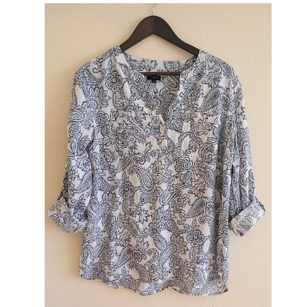 Talbots 100% Linen Paisley Floral Roll Tab Sleeve Blouse Navy White L Coastal